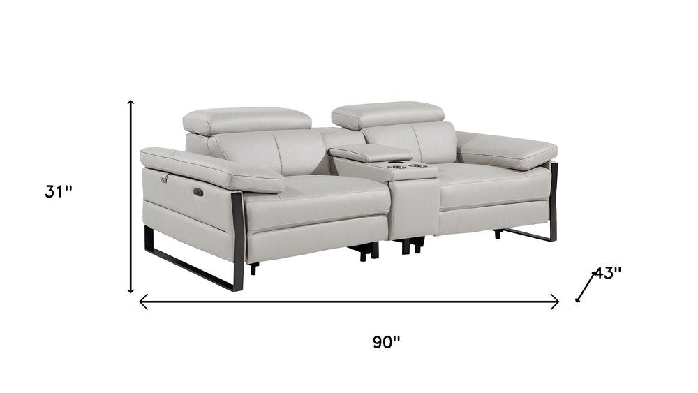 90" Light Gray and Black Italian Leather Power Reclining Loveseat With Storage