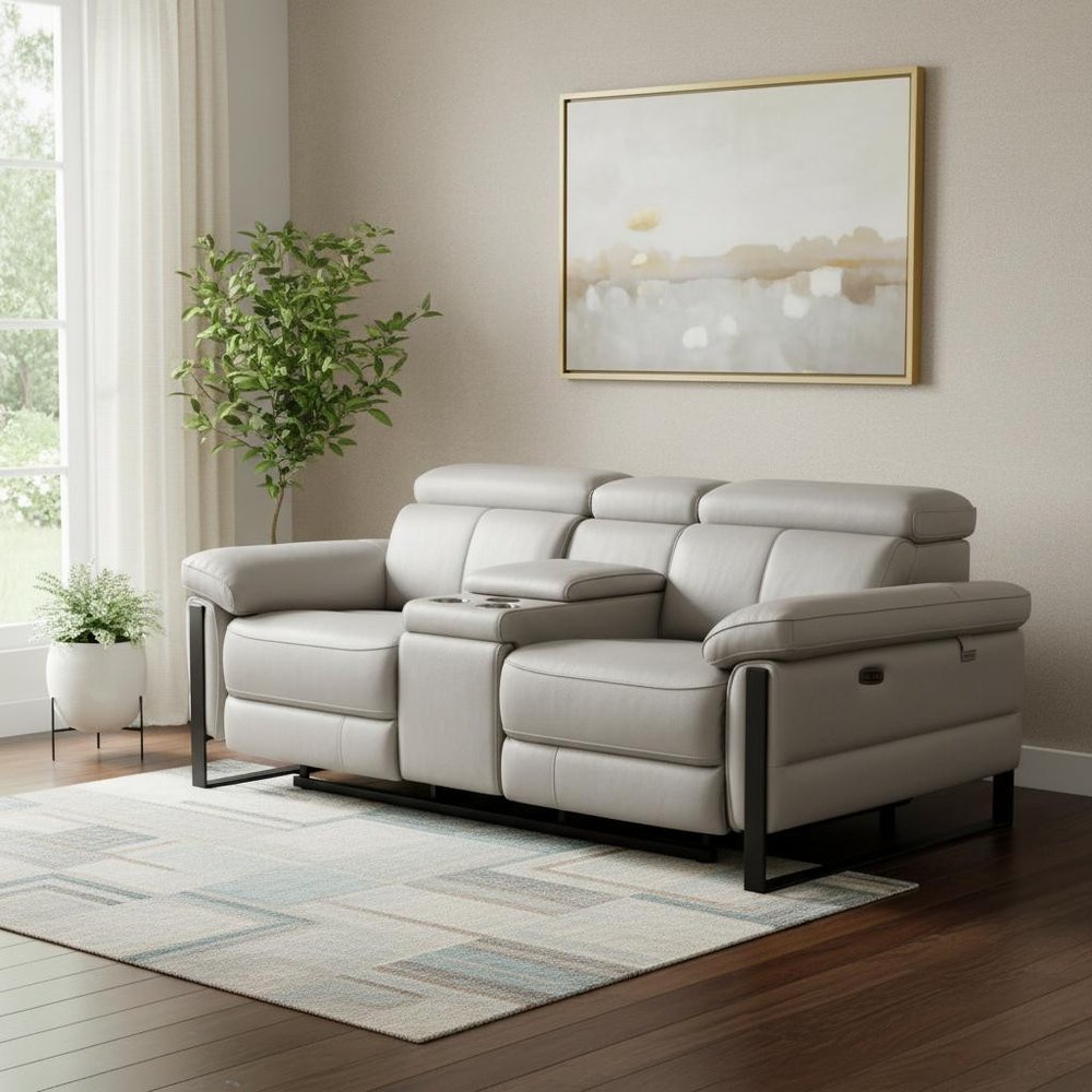 90" Light Gray and Black Italian Leather Power Reclining Loveseat With Storage