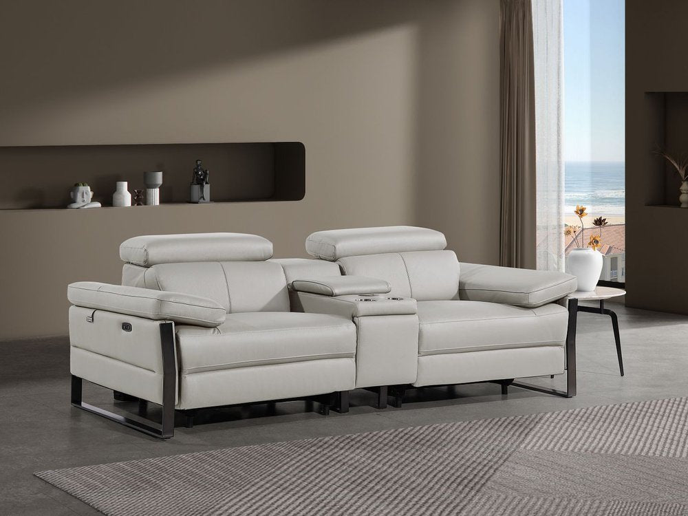 90" Light Gray and Black Italian Leather Power Reclining Loveseat With Storage