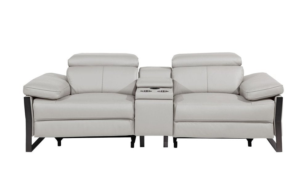 90" Light Gray and Black Italian Leather Power Reclining Loveseat With Storage