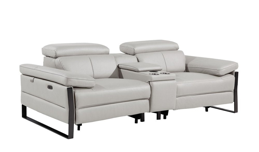 90" Light Gray and Black Italian Leather Power Reclining Loveseat With Storage