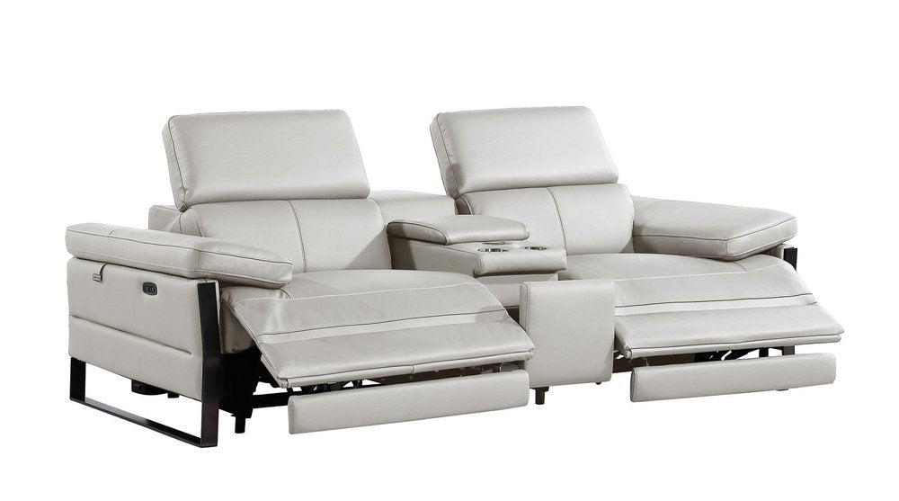 90" Light Gray and Black Italian Leather Power Reclining Loveseat With Storage