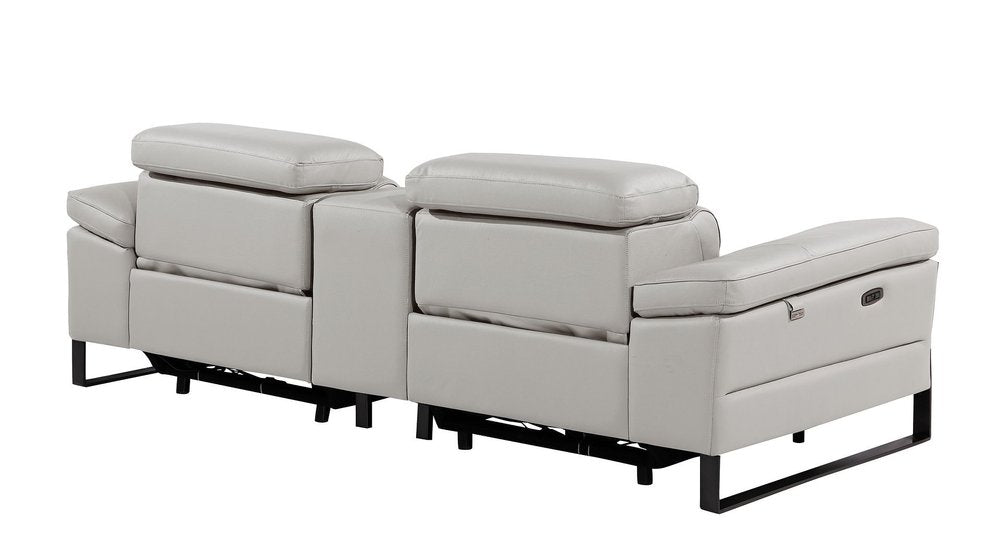 90" Light Gray and Black Italian Leather Power Reclining Loveseat With Storage