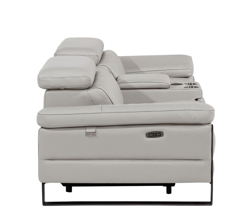 90" Light Gray and Black Italian Leather Power Reclining Loveseat With Storage