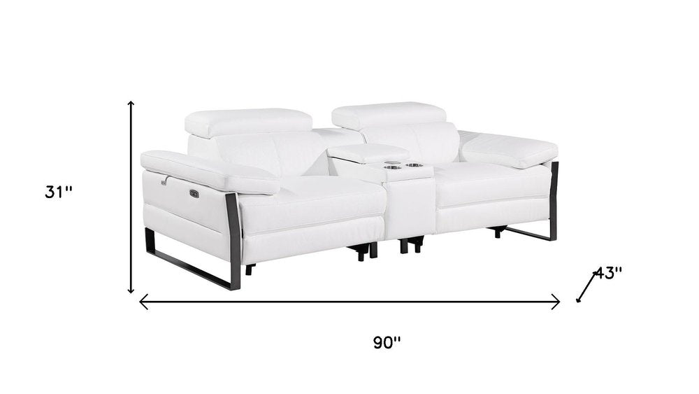 90" White and Black Italian Leather Power Reclining Loveseat With Storage