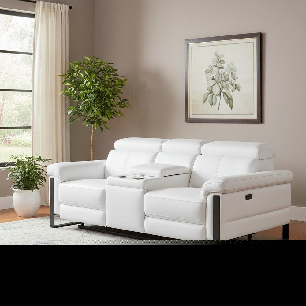 90" White and Black Italian Leather Power Reclining Loveseat With Storage