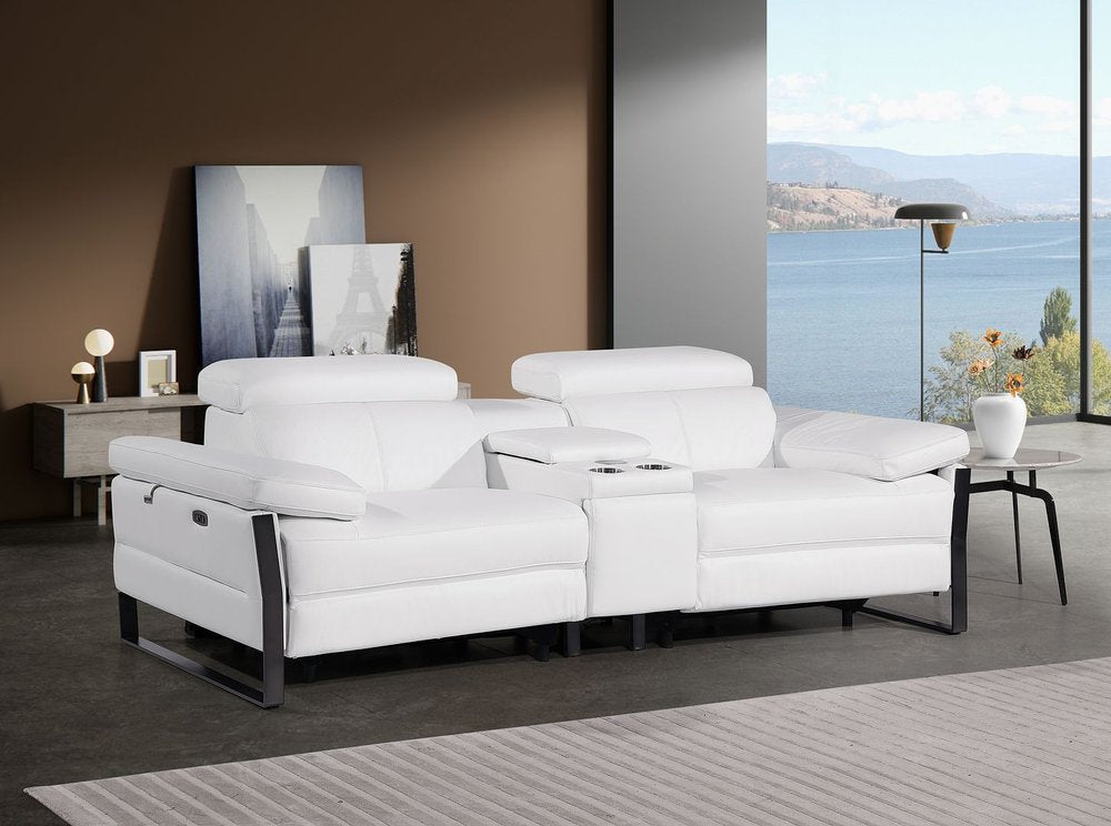 90" White and Black Italian Leather Power Reclining Loveseat With Storage
