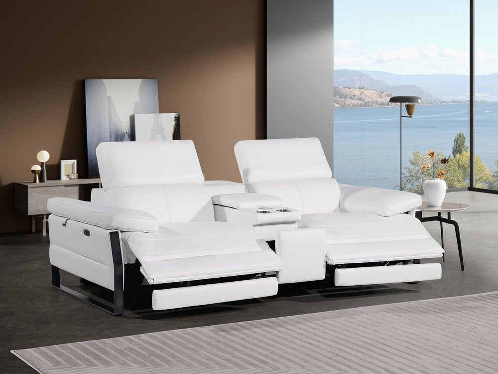 90" White and Black Italian Leather Power Reclining Loveseat With Storage