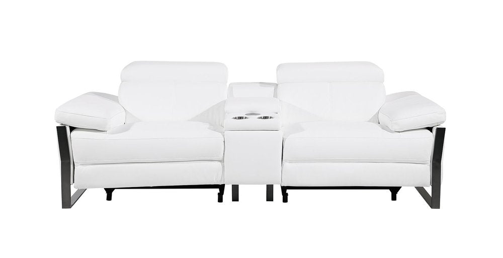 90" White and Black Italian Leather Power Reclining Loveseat With Storage
