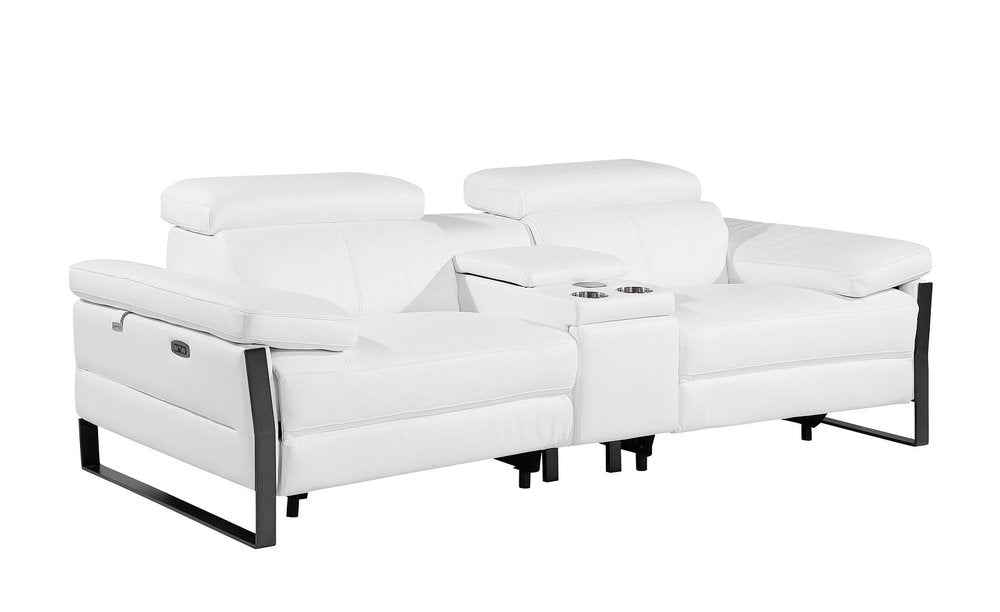 90" White and Black Italian Leather Power Reclining Loveseat With Storage