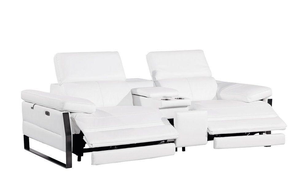 90" White and Black Italian Leather Power Reclining Loveseat With Storage