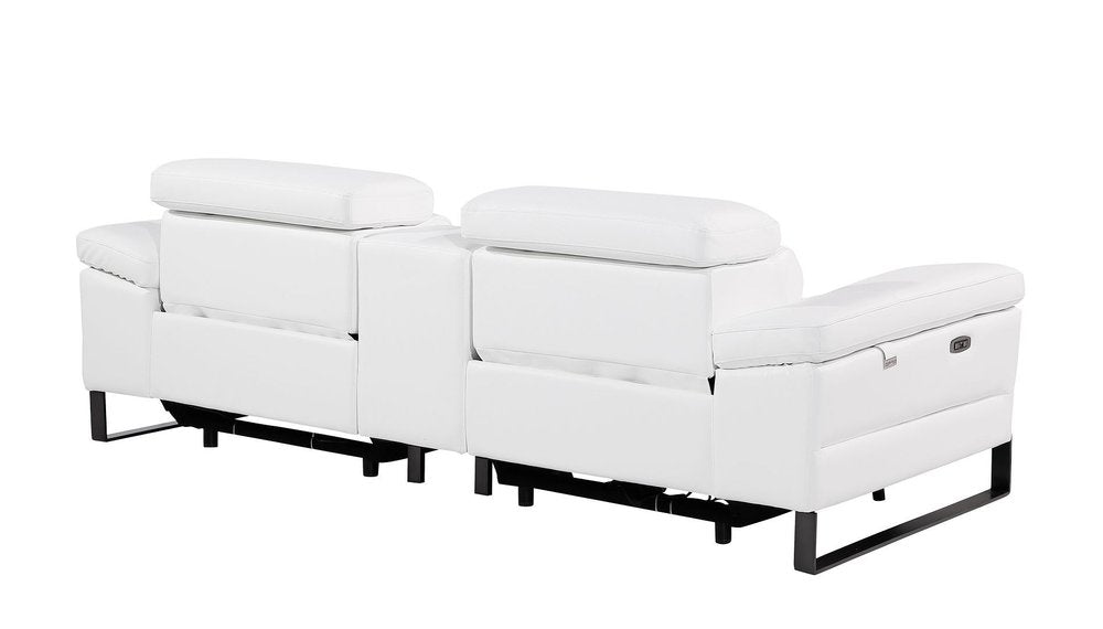 90" White and Black Italian Leather Power Reclining Loveseat With Storage