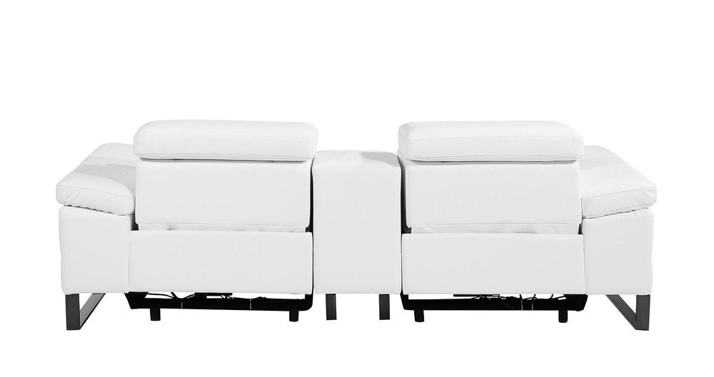 90" White and Black Italian Leather Power Reclining Loveseat With Storage