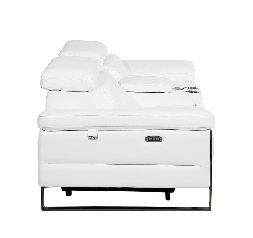 90" White and Black Italian Leather Power Reclining Loveseat With Storage