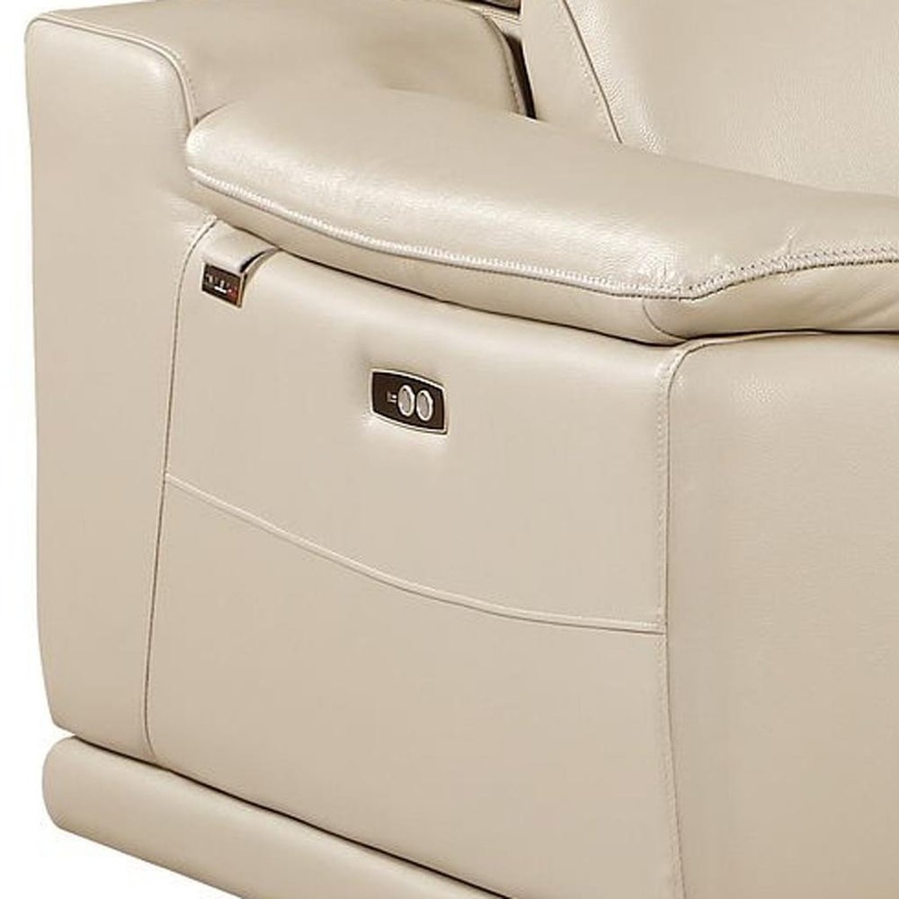 93" Cream and Silver Italian Leather Power Reclining Loveseat With Storage