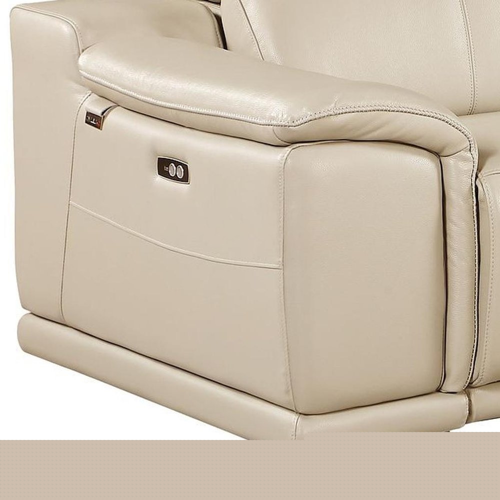 93" Cream and Silver Italian Leather Power Reclining Loveseat With Storage