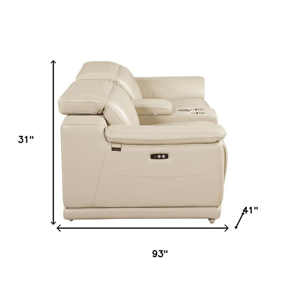 93" Cream and Silver Italian Leather Power Reclining Loveseat With Storage