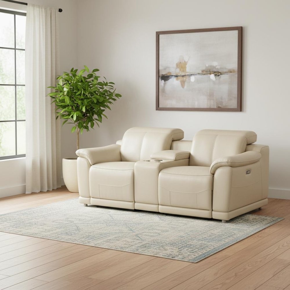93" Cream and Silver Italian Leather Power Reclining Loveseat With Storage