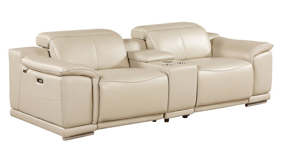 93" Cream and Silver Italian Leather Power Reclining Loveseat With Storage