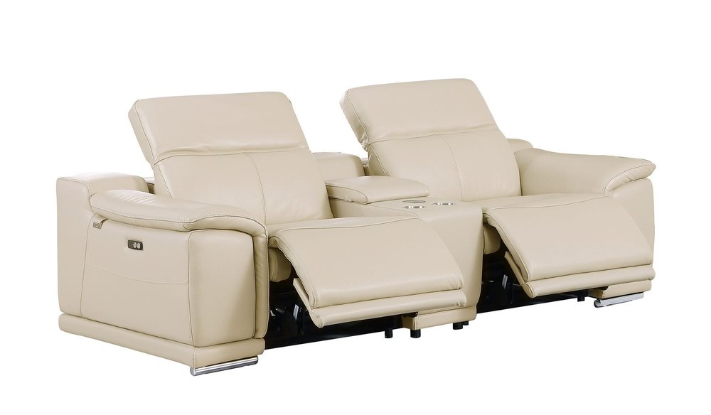 93" Cream and Silver Italian Leather Power Reclining Loveseat With Storage