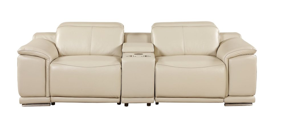 93" Cream and Silver Italian Leather Power Reclining Loveseat With Storage