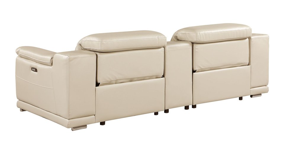 93" Cream and Silver Italian Leather Power Reclining Loveseat With Storage