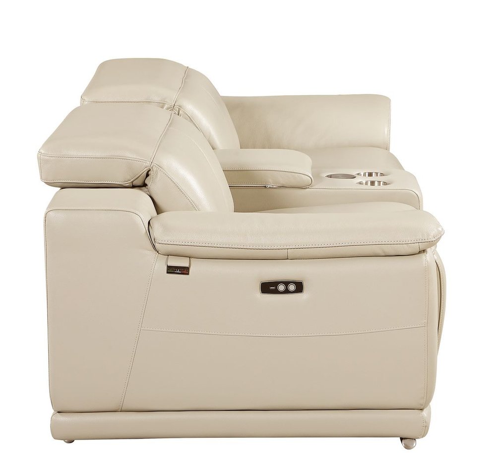 93" Cream and Silver Italian Leather Power Reclining Loveseat With Storage