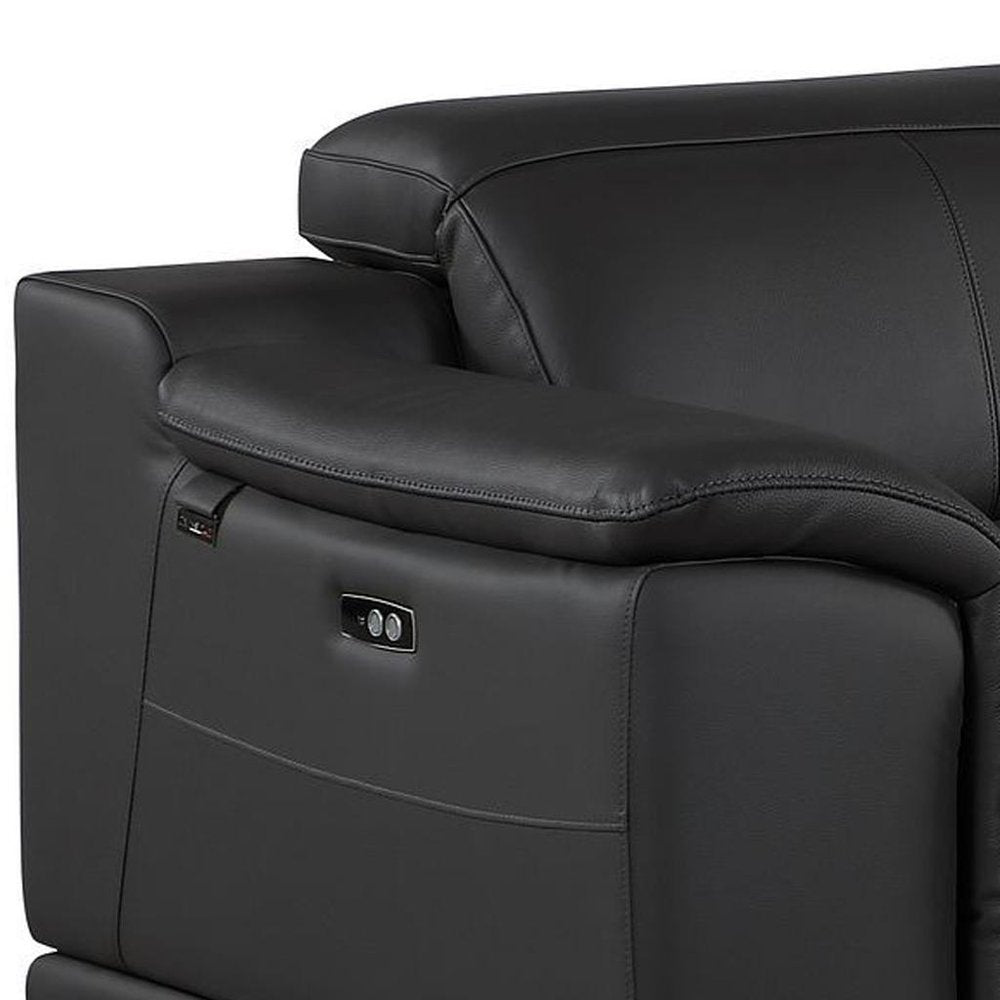 93" Black and Silver Italian Leather Power Reclining Loveseat With Storage