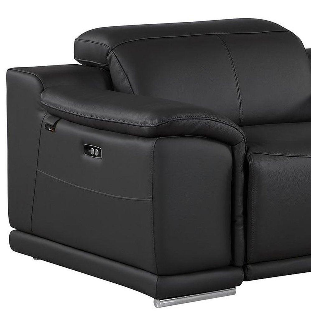 93" Black and Silver Italian Leather Power Reclining Loveseat With Storage