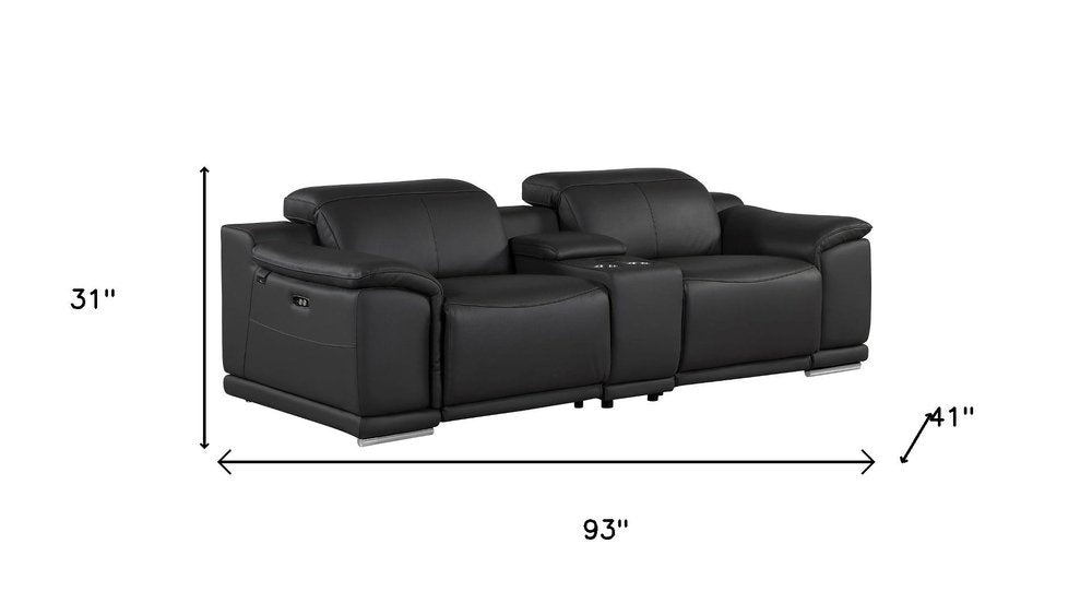 93" Black and Silver Italian Leather Power Reclining Loveseat With Storage