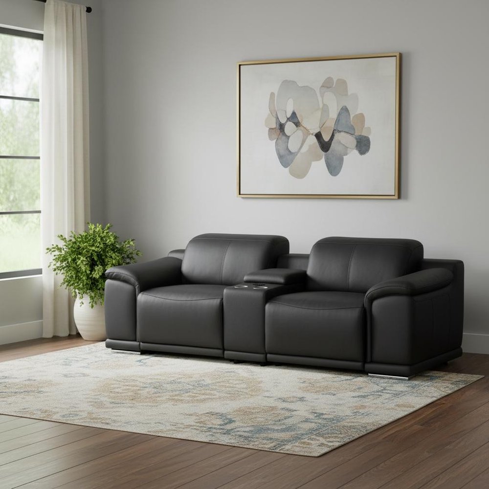 93" Black and Silver Italian Leather Power Reclining Loveseat With Storage