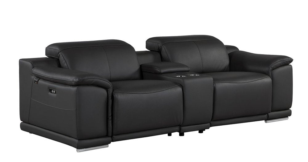 93" Black and Silver Italian Leather Power Reclining Loveseat With Storage