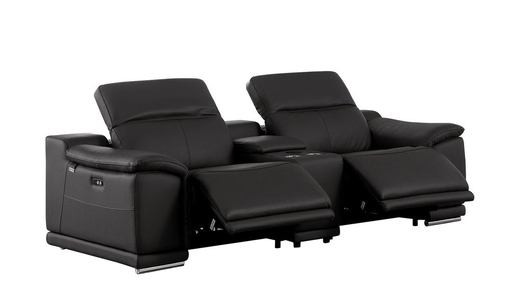 93" Black and Silver Italian Leather Power Reclining Loveseat With Storage