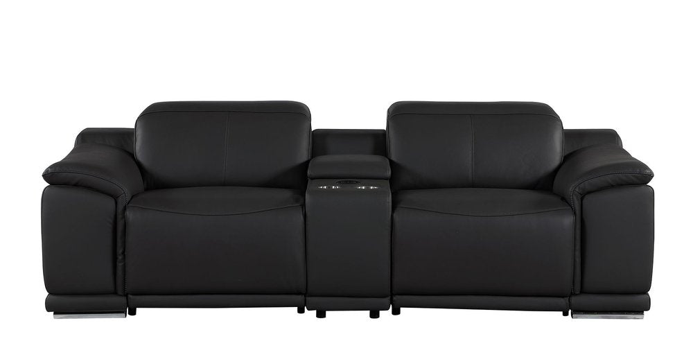 93" Black and Silver Italian Leather Power Reclining Loveseat With Storage