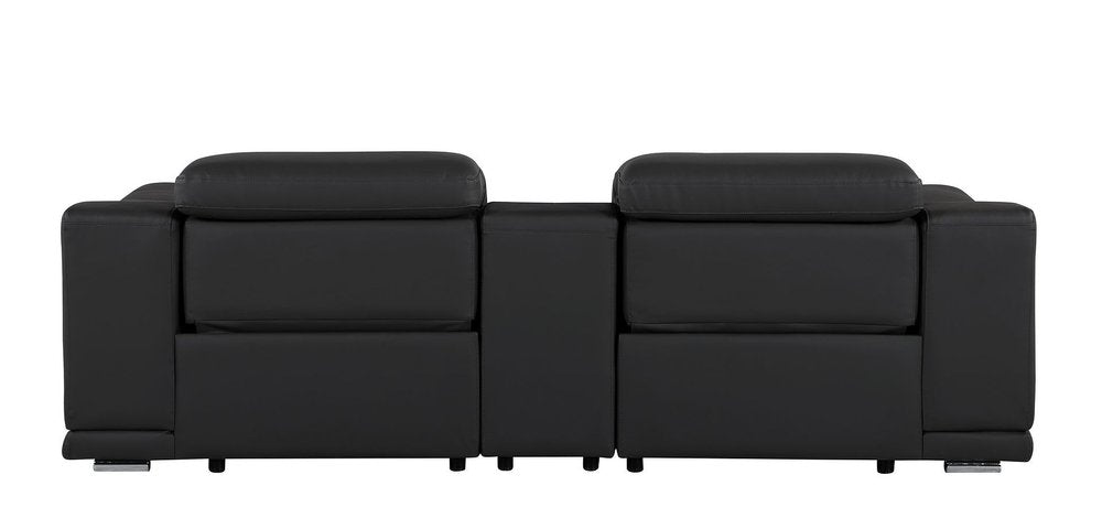 93" Black and Silver Italian Leather Power Reclining Loveseat With Storage