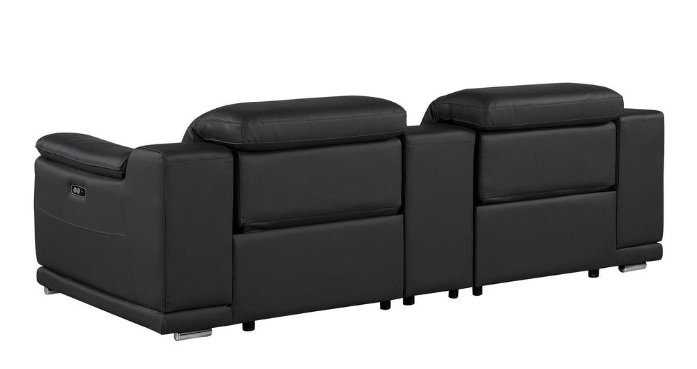 93" Black and Silver Italian Leather Power Reclining Loveseat With Storage