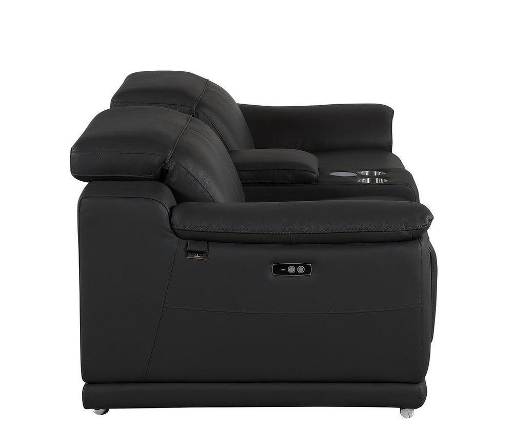93" Black and Silver Italian Leather Power Reclining Loveseat With Storage