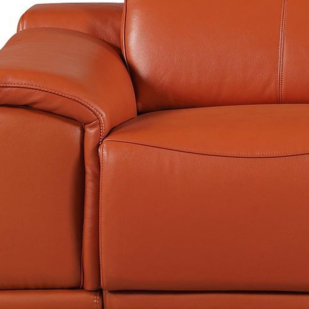 93" Orange and Silver Italian Leather Power Reclining Loveseat With Storage