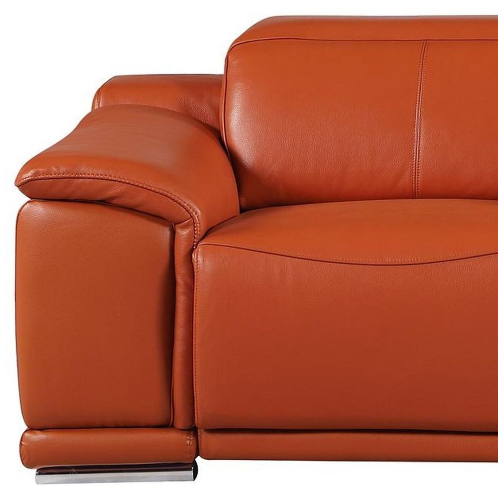 93" Orange and Silver Italian Leather Power Reclining Loveseat With Storage