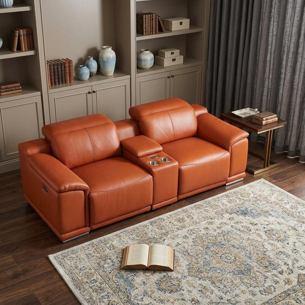 93" Orange and Silver Italian Leather Power Reclining Loveseat With Storage