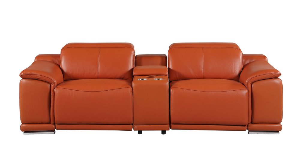 93" Orange and Silver Italian Leather Power Reclining Loveseat With Storage