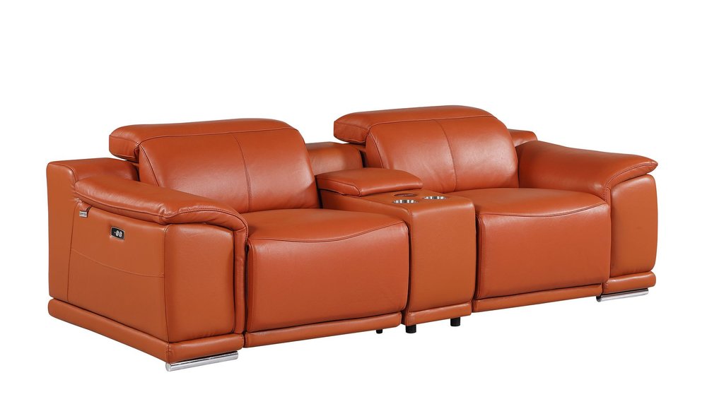 93" Orange and Silver Italian Leather Power Reclining Loveseat With Storage