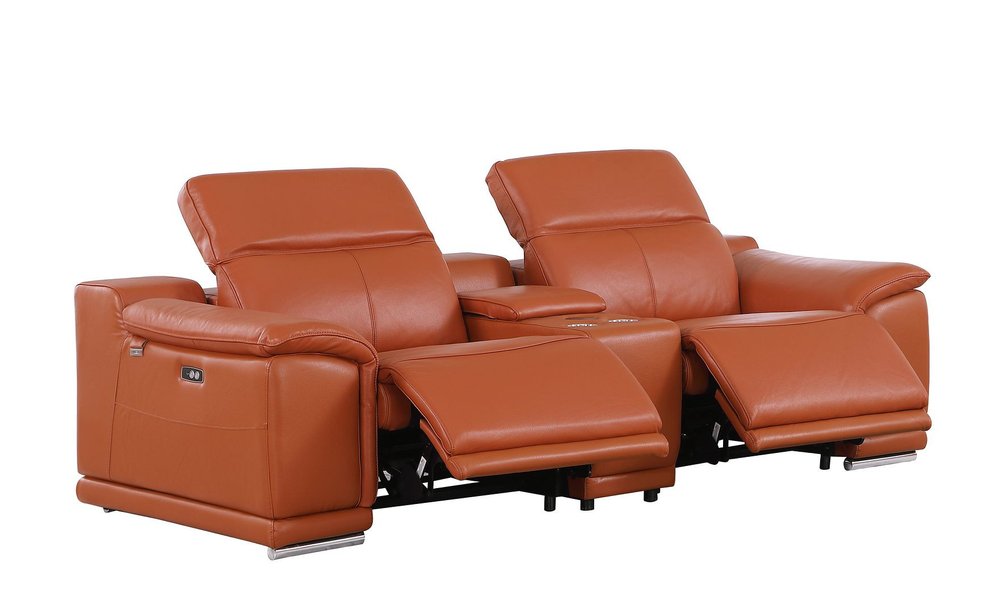 93" Orange and Silver Italian Leather Power Reclining Loveseat With Storage