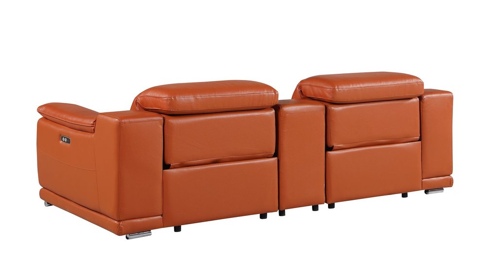 93" Orange and Silver Italian Leather Power Reclining Loveseat With Storage