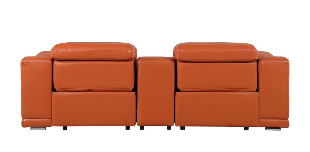 93" Orange and Silver Italian Leather Power Reclining Loveseat With Storage