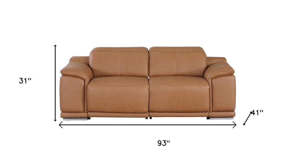 93" Chestnut and Silver Italian Leather Power Reclining Loveseat With Storage