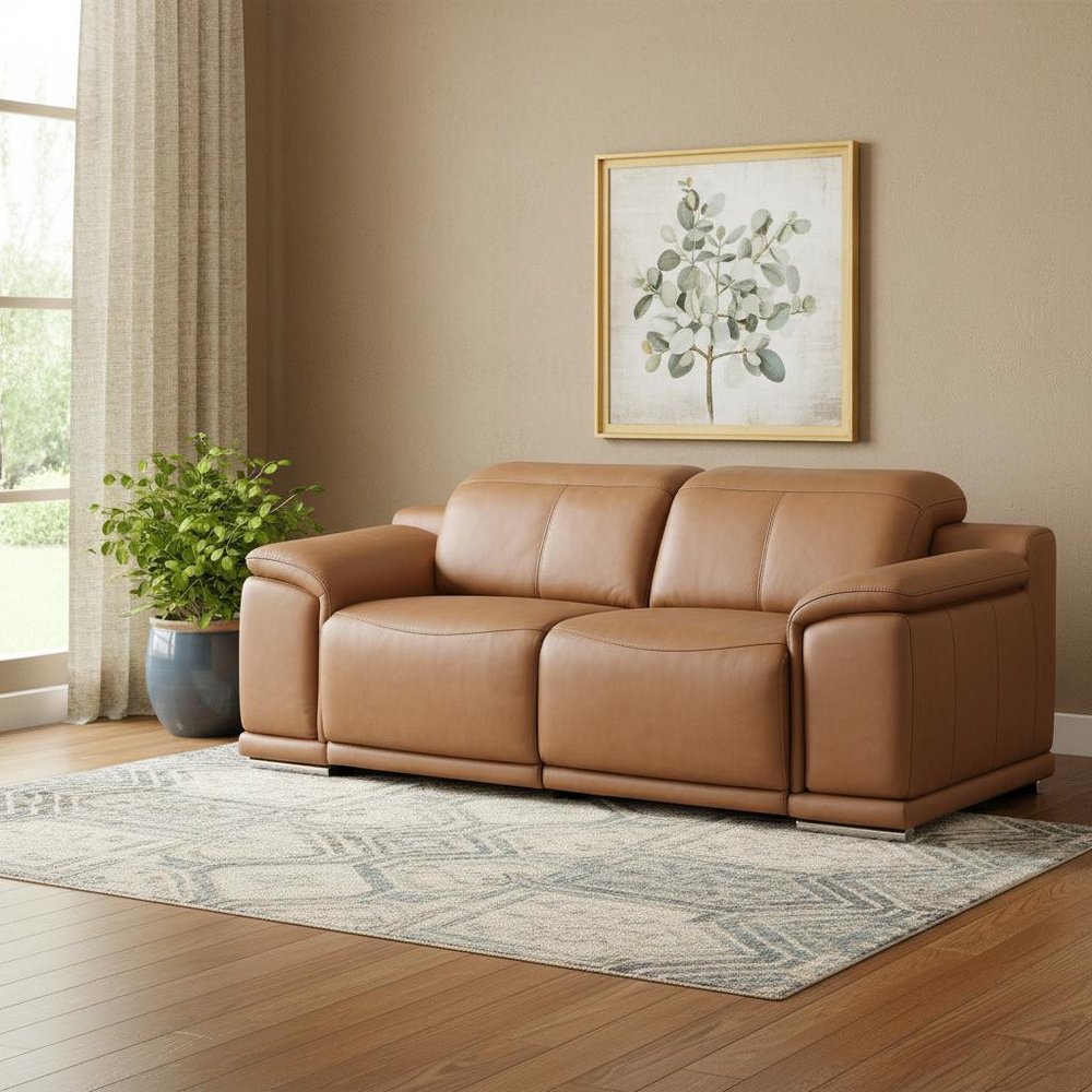 93" Chestnut and Silver Italian Leather Power Reclining Loveseat With Storage