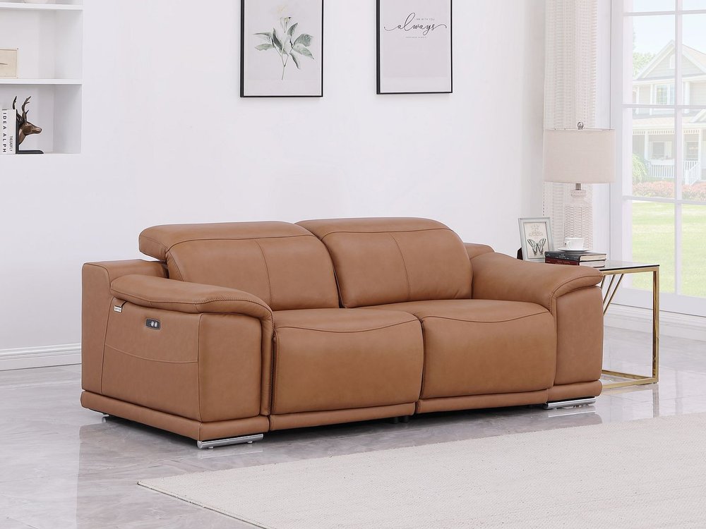 93" Chestnut and Silver Italian Leather Power Reclining Loveseat With Storage