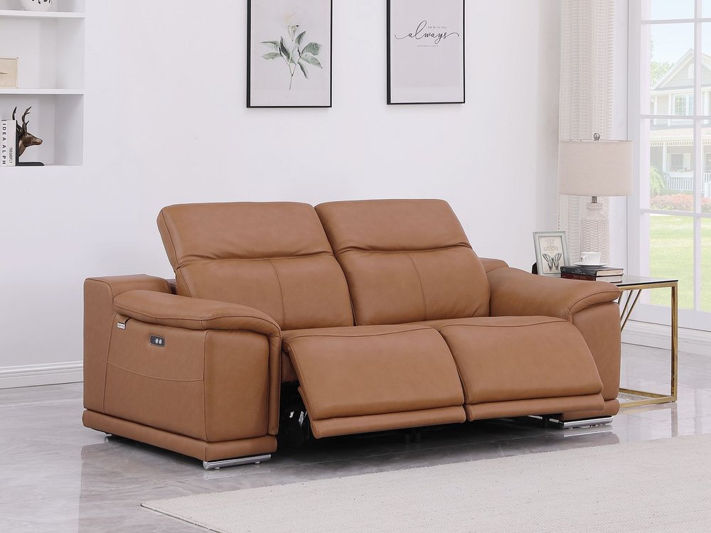 93" Chestnut and Silver Italian Leather Power Reclining Loveseat With Storage