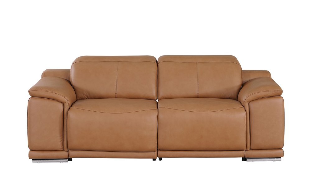93" Chestnut and Silver Italian Leather Power Reclining Loveseat With Storage